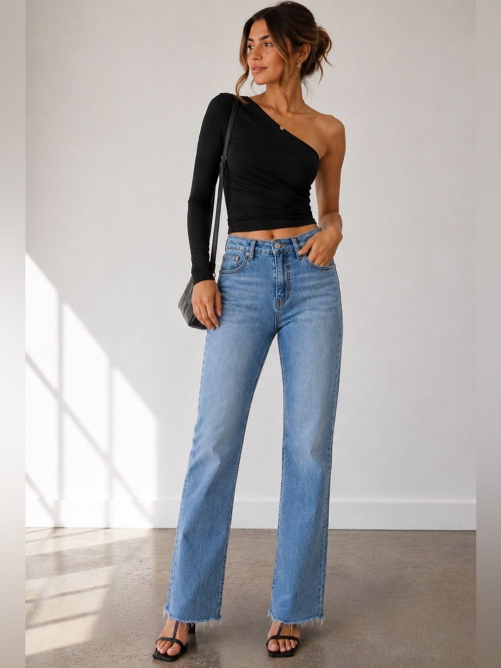 OAT New York High Rise Raw Hem Flare Jeans Size 0/25 Blue Stretch Denim